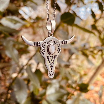 Moonstone Silver Cow Necklace / Talisman / Third Eye / Hypoallergenic / Brass / Boho / Inca / Ethnic / Illuminati