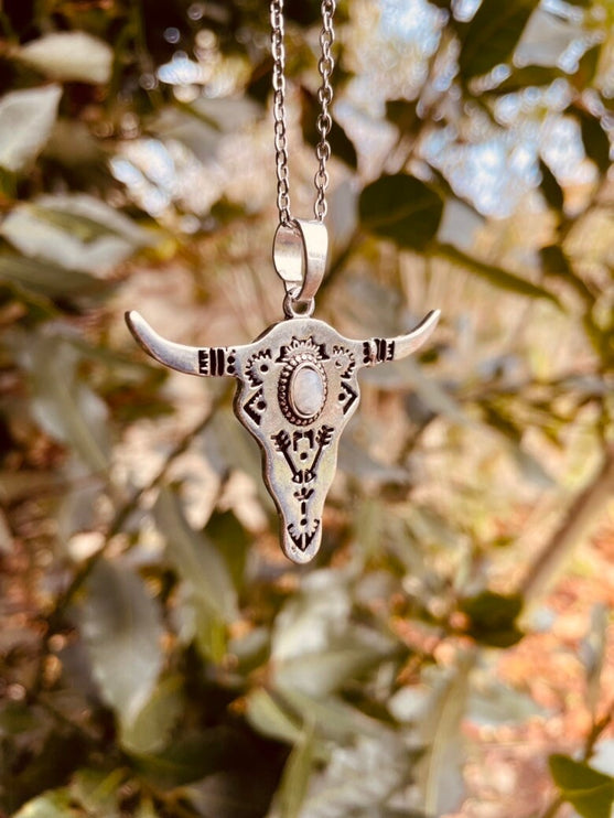 Moonstone Silver Cow Necklace / Talisman / Third Eye / Hypoallergenic / Brass / Boho / Inca / Ethnic / Illuminati