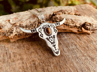 Tiger Eye Silver Cow Necklace / Talisman / Third Eye / Hypoallergenic / Brass / Boho / Inca / Ethnic / Illuminati