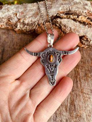 Tiger Eye Silver Cow Necklace / Talisman / Third Eye / Hypoallergenic / Brass / Boho / Inca / Ethnic / Illuminati