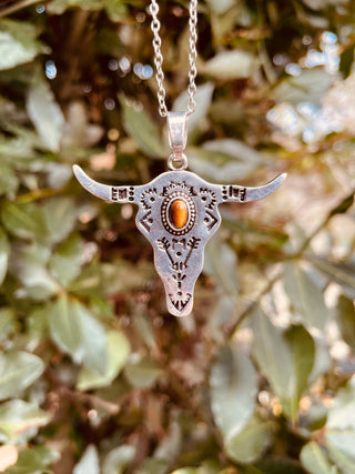 Tiger Eye Silver Cow Necklace / Talisman / Third Eye / Hypoallergenic / Brass / Boho / Inca / Ethnic / Illuminati