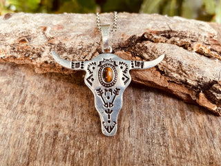 Tiger Eye Silver Cow Necklace / Talisman / Third Eye / Hypoallergenic / Brass / Boho / Inca / Ethnic / Illuminati