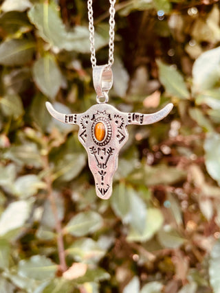 Tiger Eye Silver Cow Necklace / Talisman / Third Eye / Hypoallergenic / Brass / Boho / Inca / Ethnic / Illuminati