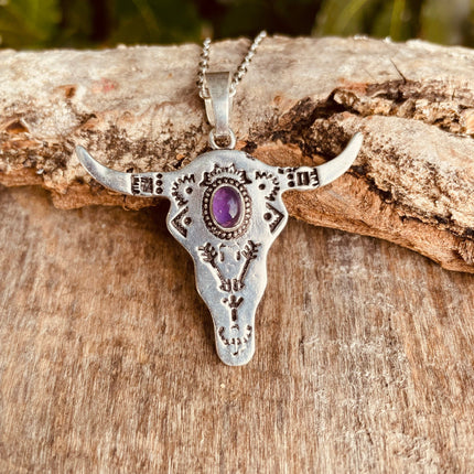 Amethyst Silver Cow Necklace / Talisman / Third Eye / Hypoallergenic / Brass / Boho / Inca / Ethnic / Illuminati