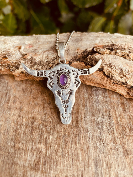 Amethyst Silver Cow Necklace / Talisman / Third Eye / Hypoallergenic / Brass / Boho / Inca / Ethnic / Illuminati