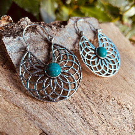 Silver Turquoise Earrings Aztec Ethnic, rustic, yoga, hippie, gypsy, pretty, psy, boho, bohemian, festival