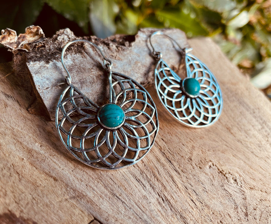 Silver Turquoise Earrings Aztec Ethnic, rustic, yoga, hippie, gypsy, pretty, psy, boho, bohemian, festival