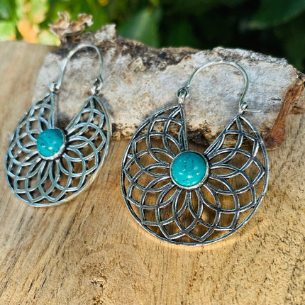 Silver Turquoise Earrings Aztec Ethnic, rustic, yoga, hippie, gypsy, pretty, psy, boho, bohemian, festival