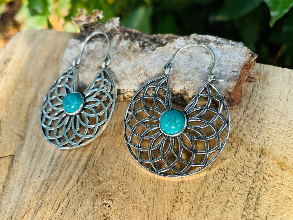 Silver Turquoise Earrings Aztec Ethnic, rustic, yoga, hippie, gypsy, pretty, psy, boho, bohemian, festival