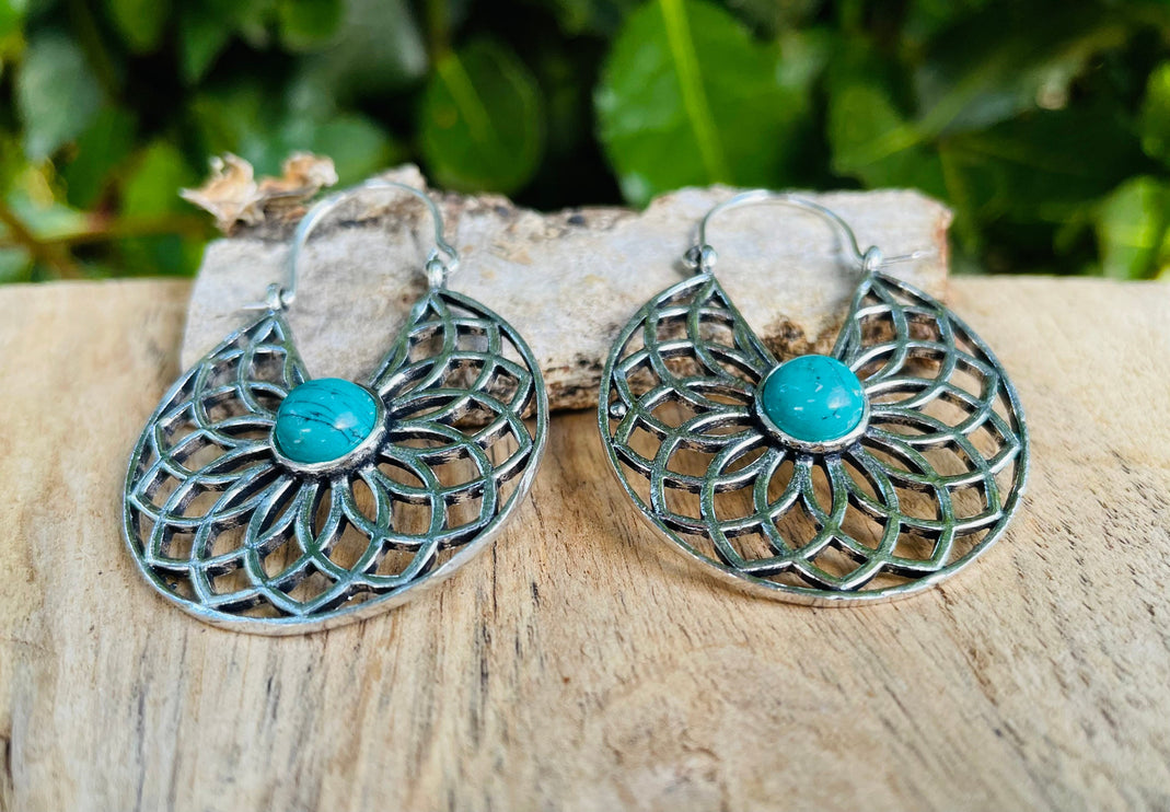 Silver Turquoise Earrings Aztec Ethnic, rustic, yoga, hippie, gypsy, pretty, psy, boho, bohemian, festival