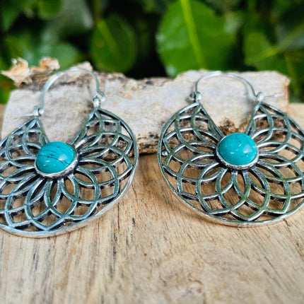 Silver Turquoise Earrings Aztec Ethnic, rustic, yoga, hippie, gypsy, pretty, psy, boho, bohemian, festival