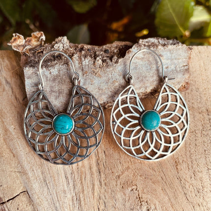 Silver Turquoise Earrings Aztec Ethnic, rustic, yoga, hippie, gypsy, pretty, psy, boho, bohemian, festival