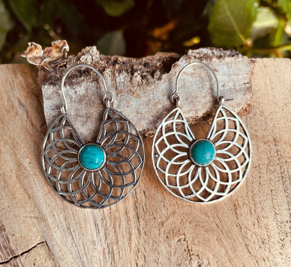 Silver Turquoise Earrings Aztec Ethnic, rustic, yoga, hippie, gypsy, pretty, psy, boho, bohemian, festival