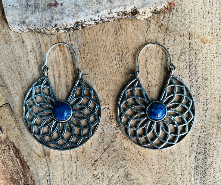 Silver Lapis Lazuli Earrings Ethnic, Blue Stone , rustic, yoga, hippie, gypsy, pretty, psy, boho, bohemian, festival