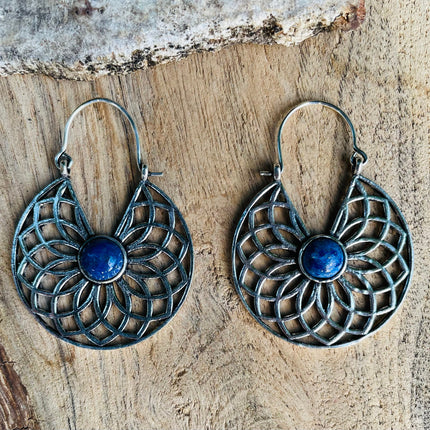 Silver Lapis Lazuli Earrings Ethnic, Blue Stone , rustic, yoga, hippie, gypsy, pretty, psy, boho, bohemian, festival