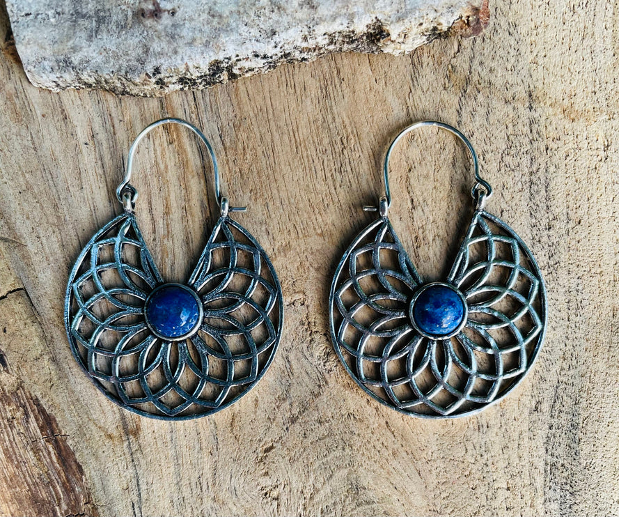 Silver Lapis Lazuli Earrings Ethnic, Blue Stone , rustic, yoga, hippie, gypsy, pretty, psy, boho, bohemian, festival