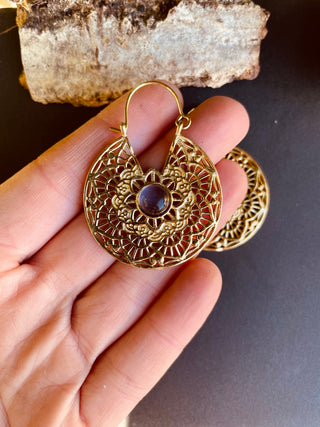 Amethyst Earrings Brass Ethnic, rustic, yoga, hippie, gypsy, pretty, psy, boho, bohemian, festival