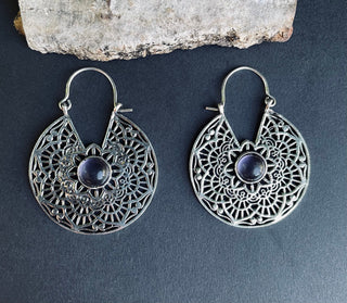 Amethyst & Silver Hoop Earrings Ethnic, rustic, yoga, hippie, gypsy, pretty, psy, boho, bohemian, festival