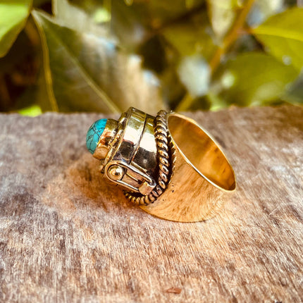 Gold Poison Ring / Brass & Turquoise / Alchemy / Locket Ring / Boho / Bohemian / Rustic / Tribal / Gypsy / Festival / Healing / Festival