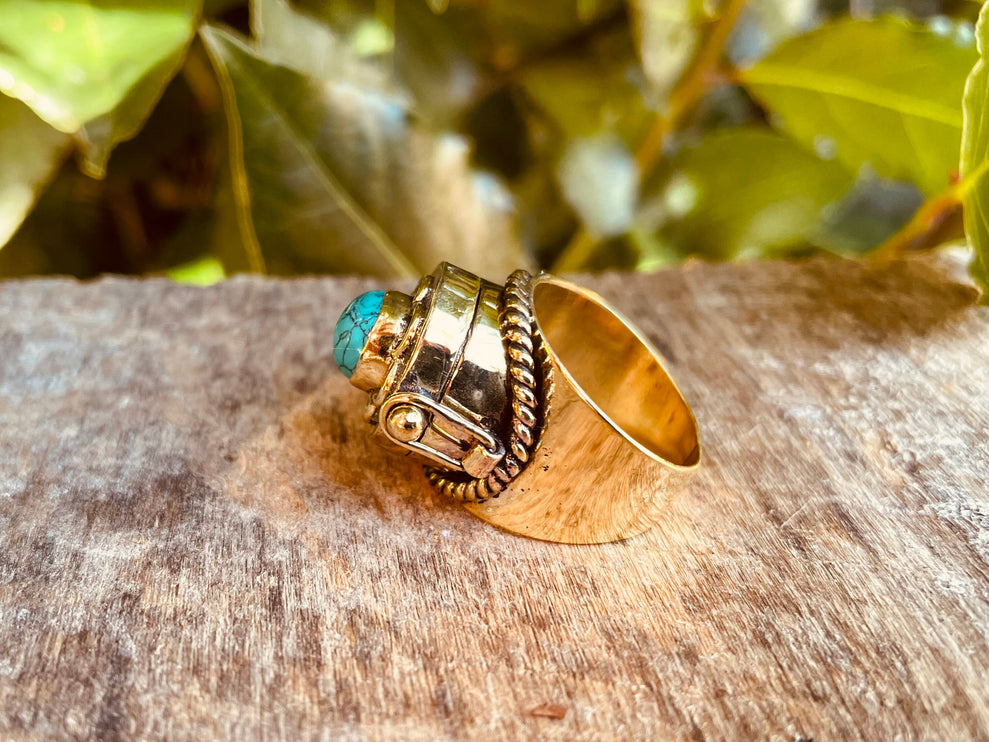 Gold Poison Ring / Brass & Turquoise / Alchemy / Locket Ring / Boho / Bohemian / Rustic / Tribal / Gypsy / Festival / Healing / Festival