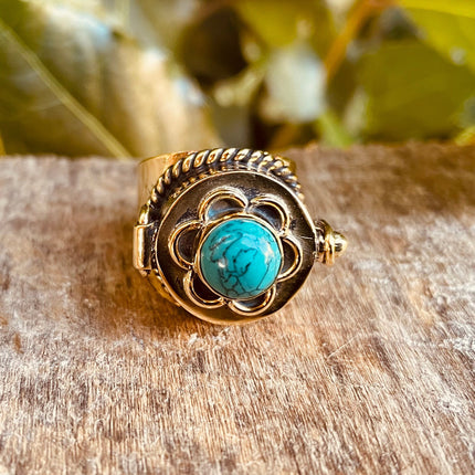 Gold Poison Ring / Brass & Turquoise / Alchemy / Locket Ring / Boho / Bohemian / Rustic / Tribal / Gypsy / Festival / Healing / Festival