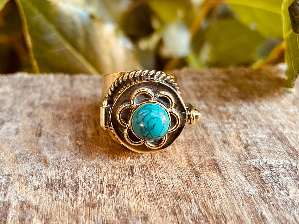 Gold Poison Ring / Brass & Turquoise / Alchemy / Locket Ring / Boho / Bohemian / Rustic / Tribal / Gypsy / Festival / Healing / Festival