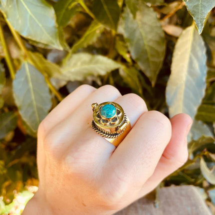 Gold Poison Ring / Brass & Turquoise / Alchemy / Locket Ring / Boho / Bohemian / Rustic / Tribal / Gypsy / Festival / Healing / Festival