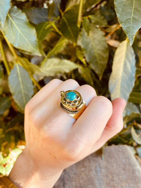 Gold Poison Ring / Brass & Turquoise / Alchemy / Locket Ring / Boho / Bohemian / Rustic / Tribal / Gypsy / Festival / Healing / Festival