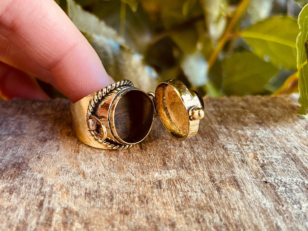 Gold Poison Ring / Brass & Turquoise / Alchemy / Locket Ring / Boho / Bohemian / Rustic / Tribal / Gypsy / Festival / Healing / Festival