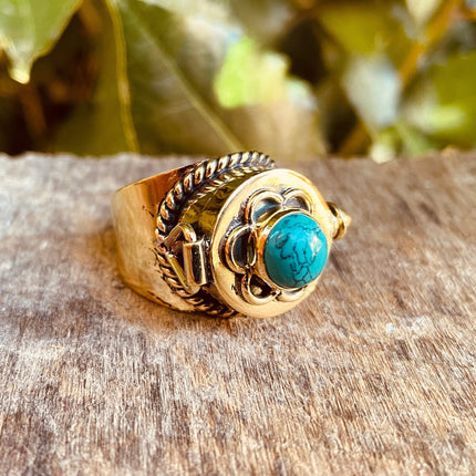 Gold Poison Ring / Brass & Turquoise / Alchemy / Locket Ring / Boho / Bohemian / Rustic / Tribal / Gypsy / Festival / Healing / Festival