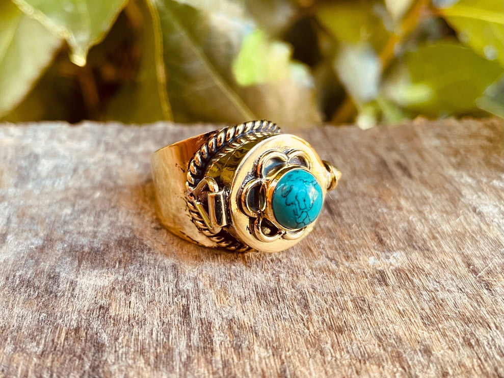 Gold Poison Ring / Brass & Turquoise / Alchemy / Locket Ring / Boho / Bohemian / Rustic / Tribal / Gypsy / Festival / Healing / Festival