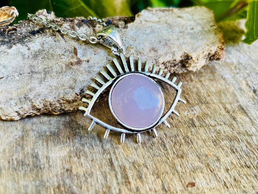 Rose Quartz Necklace Silver Eye of Protection / Third Eye / Hypoallergenic / Brass / Boho / Inca / Ethnic / Hypoallergenic / Illuminati