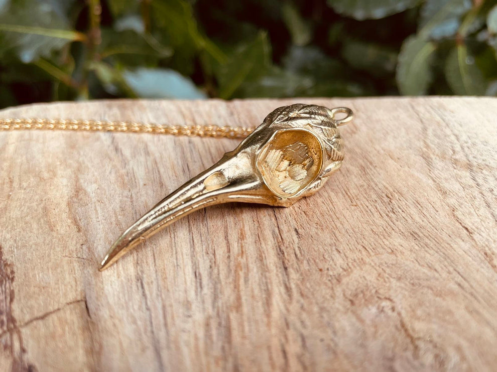 Gold Raven Skull Pendant Necklace / Bird Skull / Viking / Nordic / Gothic / Punk / Taxidermy / Witchcraft / Animal Necklace