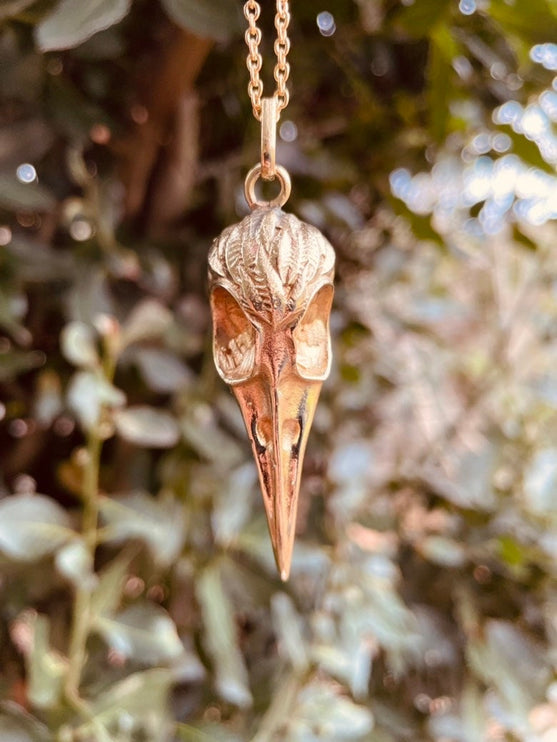 Gold Raven Skull Pendant Necklace / Bird Skull / Viking / Nordic / Gothic / Punk / Taxidermy / Witchcraft / Animal Necklace