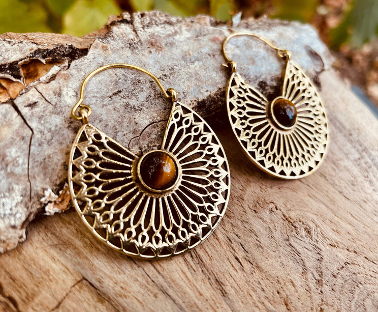 Tiger Eye & Brass Hoop Earrings Ethnic, rustic, yoga, hippie, gypsy, pretty, psy, boho, bohemian, festival