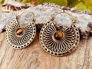 Tiger Eye & Brass Hoop Earrings Ethnic, rustic, yoga, hippie, gypsy, pretty, psy, boho, bohemian, festival