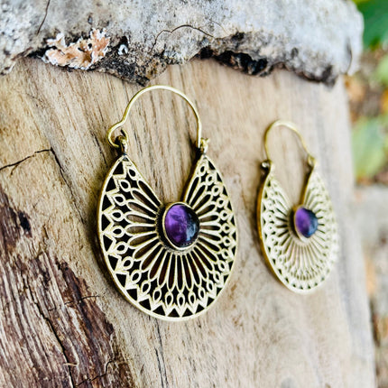 Amethyst Earrings Brass Ethnic, rustic, yoga, hippie, gypsy, pretty, psy, boho, bohemian, festival