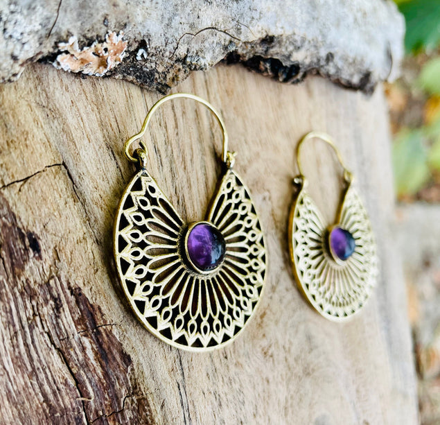 Amethyst Earrings Brass Ethnic, rustic, yoga, hippie, gypsy, pretty, psy, boho, bohemian, festival