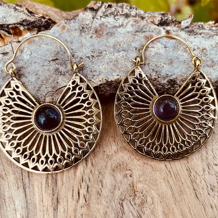Amethyst Earrings Brass Ethnic, rustic, yoga, hippie, gypsy, pretty, psy, boho, bohemian, festival
