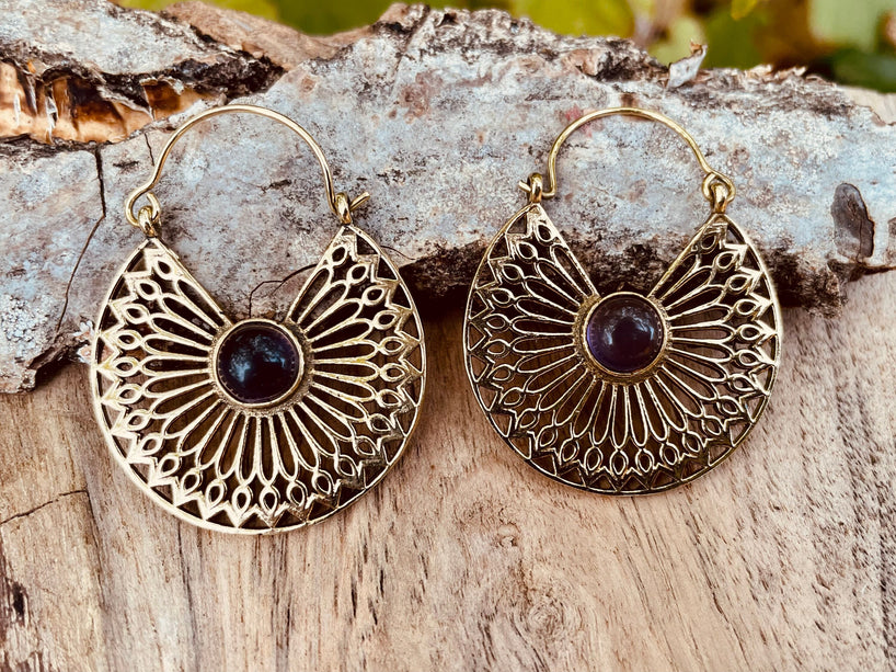 Amethyst Earrings Brass Ethnic, rustic, yoga, hippie, gypsy, pretty, psy, boho, bohemian, festival