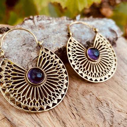 Amethyst Earrings Brass Ethnic, rustic, yoga, hippie, gypsy, pretty, psy, boho, bohemian, festival