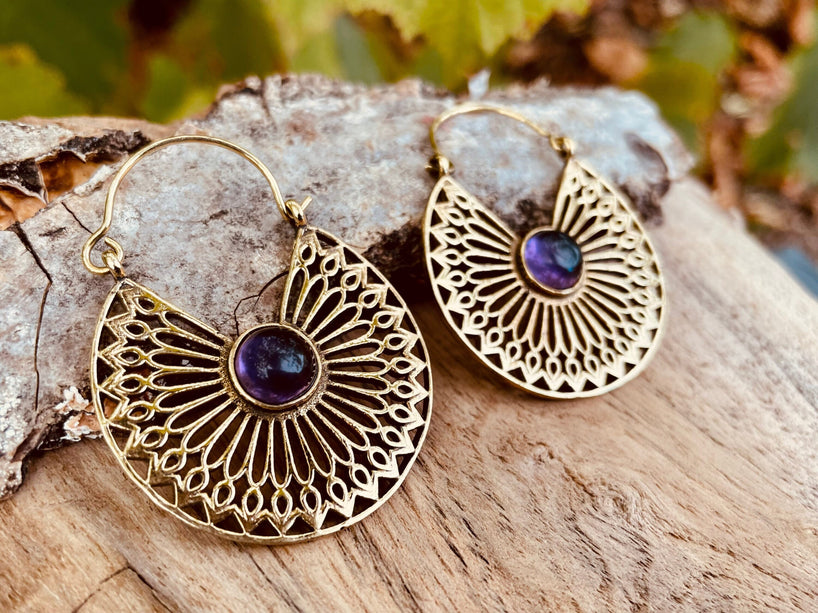 Amethyst Earrings Brass Ethnic, rustic, yoga, hippie, gypsy, pretty, psy, boho, bohemian, festival