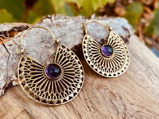 Amethyst Earrings Brass Ethnic, rustic, yoga, hippie, gypsy, pretty, psy, boho, bohemian, festival