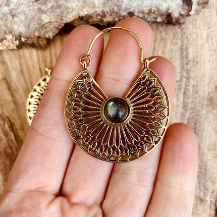 Labradorite & Brass Hoop Earrings Ethnic, rustic, yoga, hippie, gypsy, pretty, psy, boho, bohemian, festival