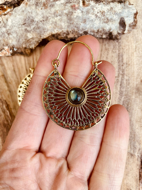 Labradorite & Brass Hoop Earrings Ethnic, rustic, yoga, hippie, gypsy, pretty, psy, boho, bohemian, festival
