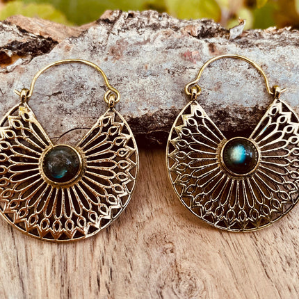 Labradorite & Brass Hoop Earrings Ethnic, rustic, yoga, hippie, gypsy, pretty, psy, boho, bohemian, festival
