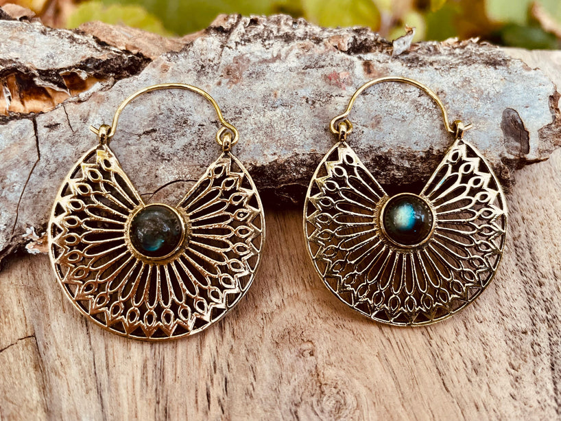 Labradorite & Brass Hoop Earrings Ethnic, rustic, yoga, hippie, gypsy, pretty, psy, boho, bohemian, festival