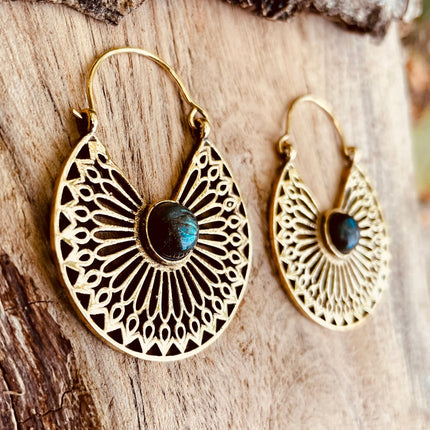 Labradorite & Brass Hoop Earrings Ethnic, rustic, yoga, hippie, gypsy, pretty, psy, boho, bohemian, festival