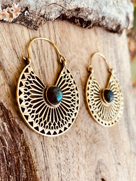 Labradorite & Brass Hoop Earrings Ethnic, rustic, yoga, hippie, gypsy, pretty, psy, boho, bohemian, festival