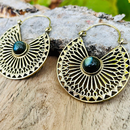 Labradorite & Brass Hoop Earrings Ethnic, rustic, yoga, hippie, gypsy, pretty, psy, boho, bohemian, festival